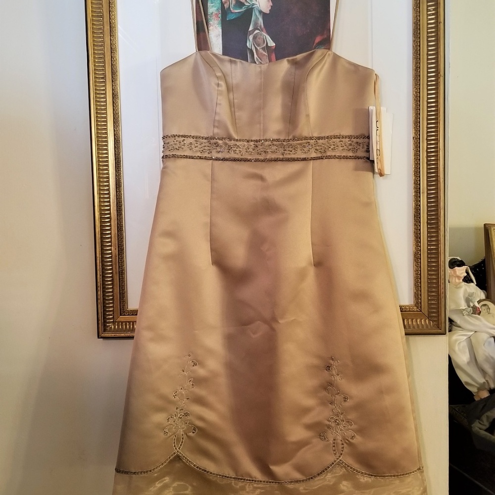 OC by Oleg Cassini Gold Strapless Satin A-Line Dress with Beaded Waist